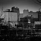 Square Youngstown Skyline from Woodland Ave. landscape black and white Photography