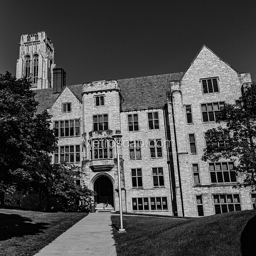 Matte Black MDF Framed Black and White Toledo Photograph: University Hall from Libby Hall in a Square Matte Black MDF Frame