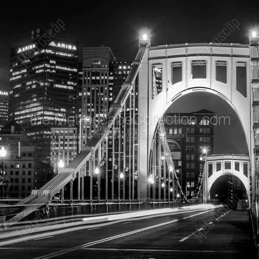 The 6th Street Roberto Clemente Bridge over the Allegheny River behind PNC Park -- Pittsburgh Black and White Wall Art