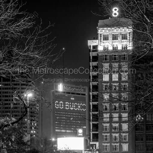 The Nationwide Building with Go Bucks and 8 East Broad Street at Night -- Columbus Black and White Wall Art