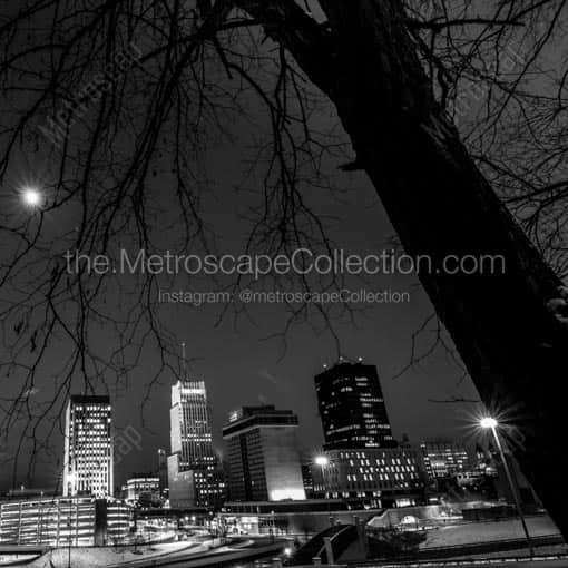 The Akron Ohio Skyline at Night -- Akron Black and White Wall Art