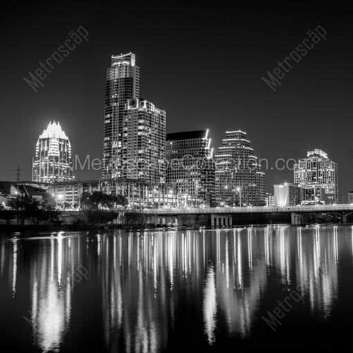 The New Austin Skyline at Night Featuring the Austonian -- Austin Black and White Wall Art