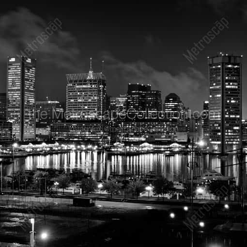 The Baltimore Skyline Over Looking the Inner Harbor from Federal Hill -- Baltimore Black and White Wall Art