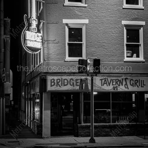 The Bridge Tavern Grill at Night -- Wheeling WV Black and White Wall Art