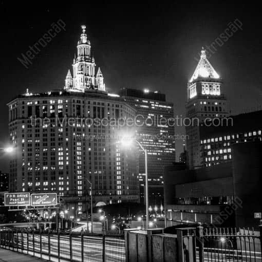 Traffic from the Brooklyn Bridge Pours into Manhattan -- New York City Black and White Wall Art
