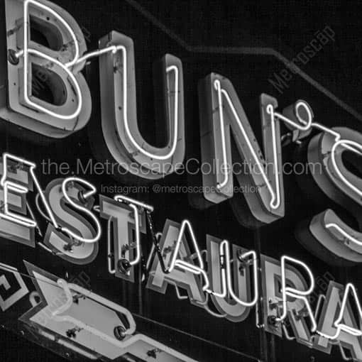 Buns Restaurant Neon Sign -- Delaware Black and White Wall Art