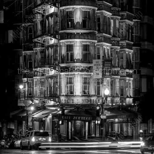 Cafe Zoetrope at Columbus Drive and Kearny at Night -- San Francisco Black and White Wall Art