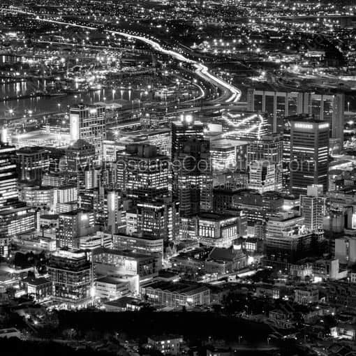 The Cape Town Skyline and Table Bay Boulevard at Night -- Cape Town Black and White Wall Art