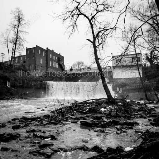 Matte Black MDF Framed Black and White Chagrin Falls Photograph: Stones and Debris Downstream of Chagrin Falls in a Square Matte Black MDF Frame