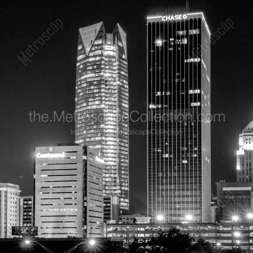 The Chase Building and Devon Tower at Night -- Oklahoma City Black and White Wall Art