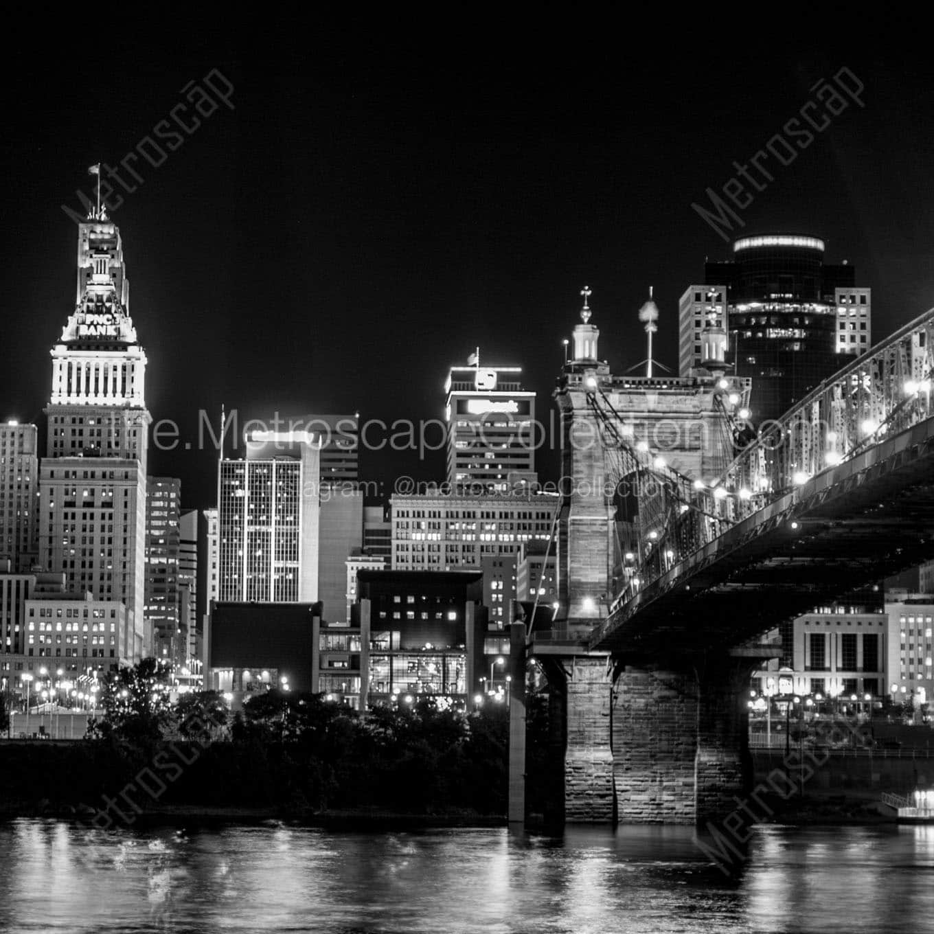 The Cincinnati Skyline from Covington featuring the Roebling Bridge Wall Art square crop