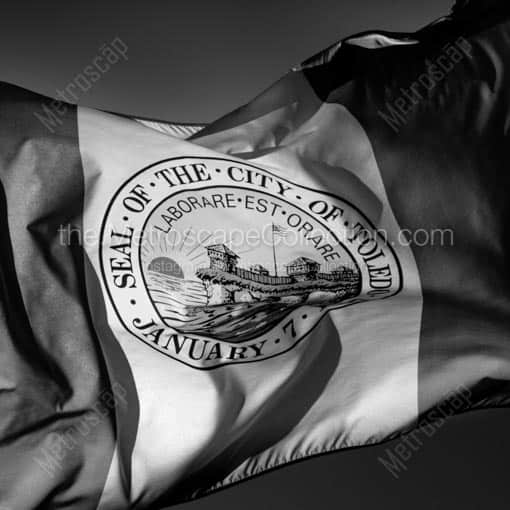 The City of Toledo Flag Waves in the Wind -- Toledo Black and White Wall Art