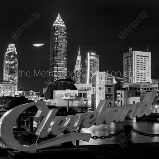 The Cleveland Skyline and Blimp over Progressive Field during the 2016 World Series -- Cleveland Black and White Wall Art