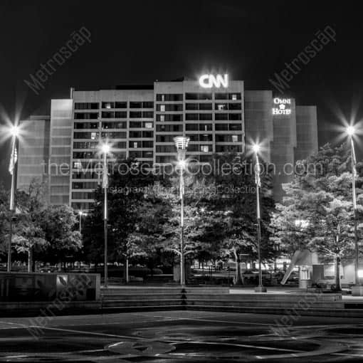 The Omni Hotel at CNN Plaza in Downtown Atlanta at Night -- Atlanta Black and White Wall Art