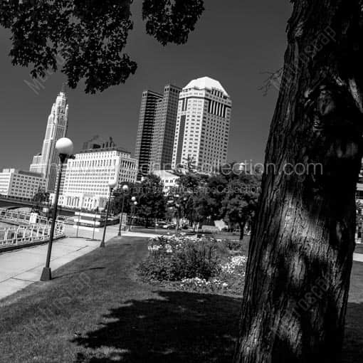 The Columbus Skyline from Bicentennial Park -- Columbus Black and White Wall Art