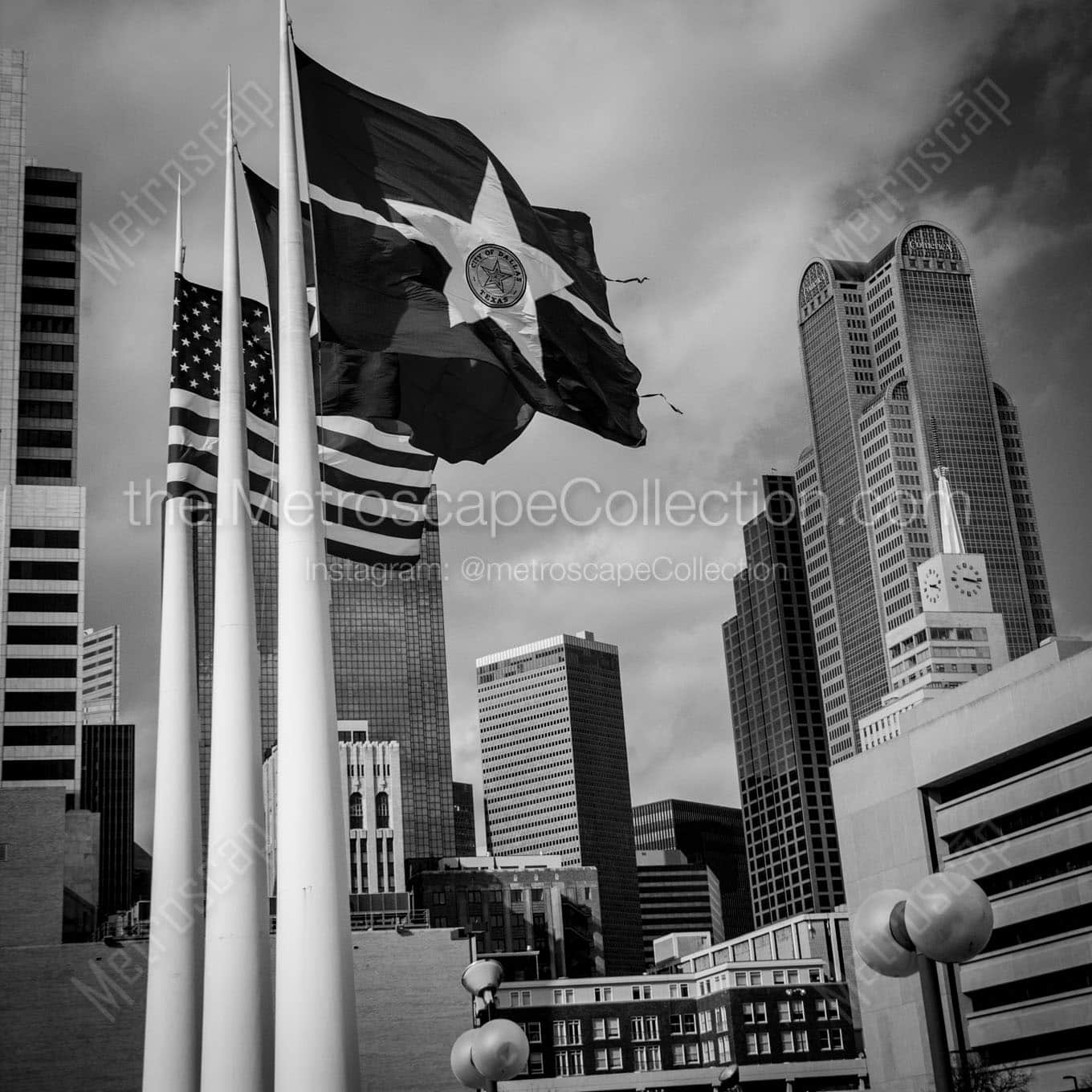 Dallas, Texas and United States Flags outside of Dallas City Hall Wall Art square crop