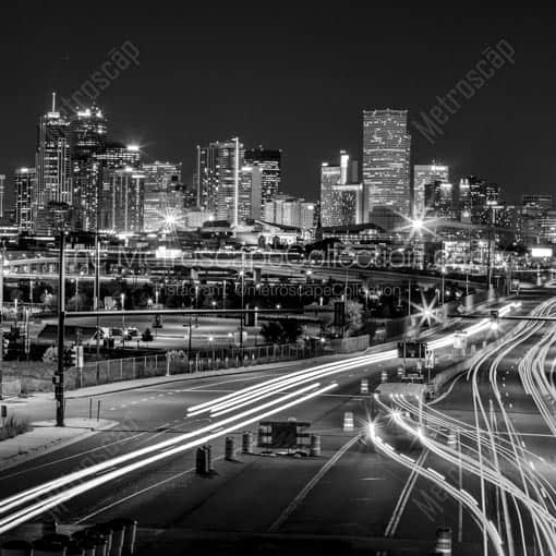 The Denver Skyline at Night above Colfax Avenue -- Denver Black and White Wall Art