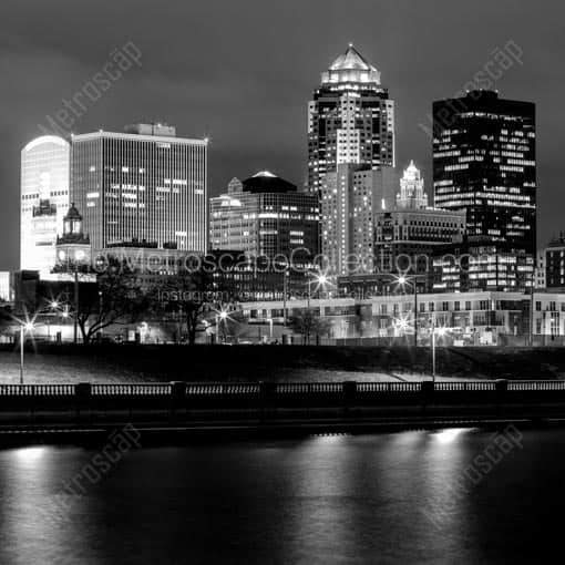 The Des Moines Iowa Skyline at Night -- Des Moines Black and White Wall Art
