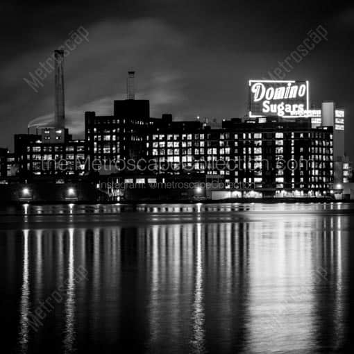 The Domino Sugars Factory as seen from across the Inner Harbor at Night -- Baltimore Black and White Wall Art