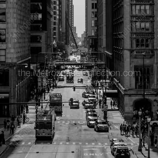 Double Decker Tour Buses on Monroe Street -- Chicago Black and White Wall Art