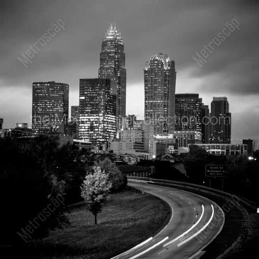 The Downtown Charlotte Skyline at Dusk -- Charlotte Black and White Wall Art