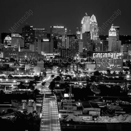The Downtown Cincinnati Skyline at Night from the Incline District -- Cincinnati Black and White Wall Art