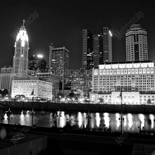 The Columbus Skyline from COSI and Genoa Park -- Columbus Black and White Wall Art