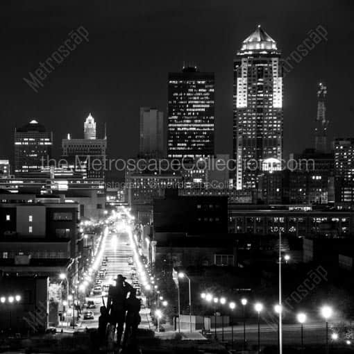 Downtown Des Moines Skyline at Night from Capitol -- Des Moines Black and White Wall Art