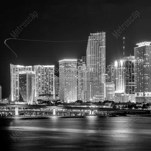 The Downtown Miami Skyline at Night with Helicopters -- Miami Black and White Wall Art