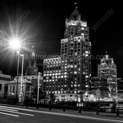 Downtown Milwaukee Skyline and Riverwalk -- Milwaukee Black and White Wall Art