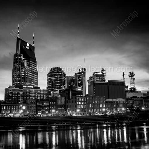 The Nashville Skyline Reflecting in the Cumberland River -- Nashville Black and White Wall Art
