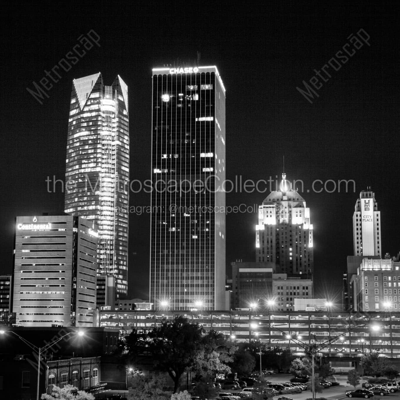 Downtown Oklahoma City at Night from Mickey Mantle Drive Wall Art square crop