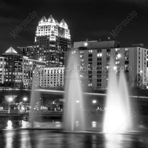 The Orlando Skyline and Fountains at Night -- Orlando Black and White Wall Art