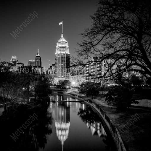 The Tower Life Building and San Antonio River -- San Antonio Black and White Wall Art