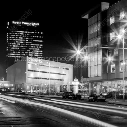 Summit Street Traffic at Levis Square at Night -- Toledo Black and White Wall Art