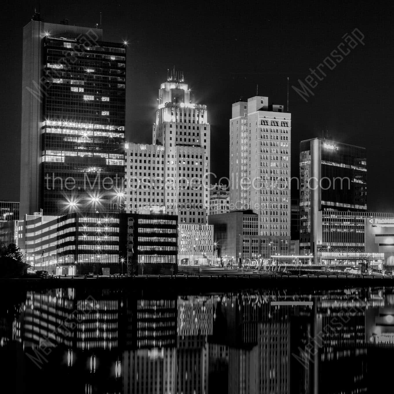 The Toledo Skyline at Night Reflecting into a Still Maumee River Wall Art square crop