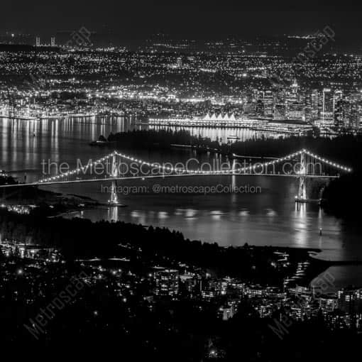 The Vancouver Harbor and Skyline at Night -- Vancouver Black and White Wall Art