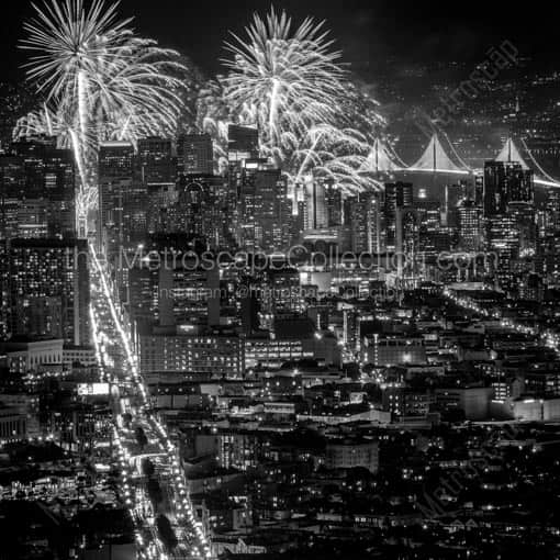Fireworks over the San Francisco Skyline at Night -- San Francisco Black and White Wall Art