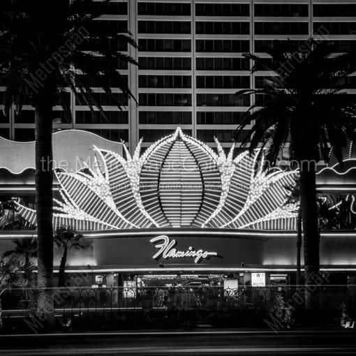 The Main Entrance to the Flamingo Hotel and Casino Flanked by Palm Trees -- Las Vegas Black and White Wall Art