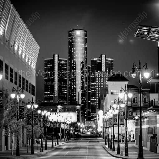 The GM Renaissance Center from Brush Street -- Detroit Black and White Wall Art