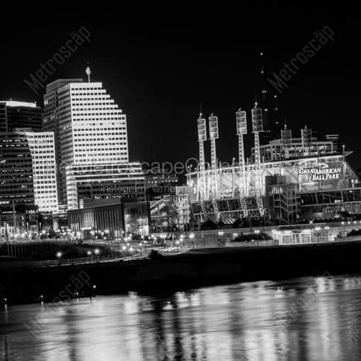 Great American Ball Park from the Steps of the Roebling Bridge over the Ohio River -- Cincinnati Black and White Wall Art
