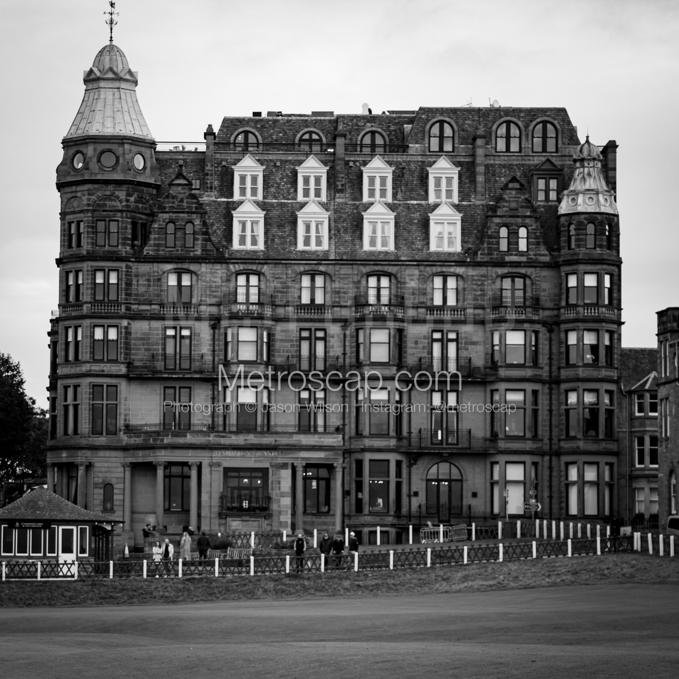 The Hamilton Grand Hotel behind the 18th Green of the Old Course at St. Andrews Wall Art square crop