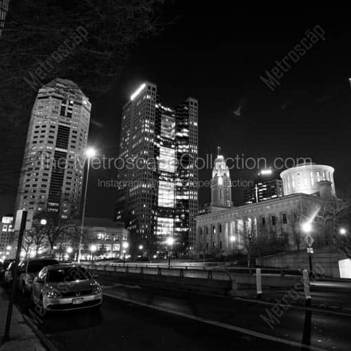 The Huntington Building with the Statehouse and Riffe Center -- Columbus Black and White Wall Art