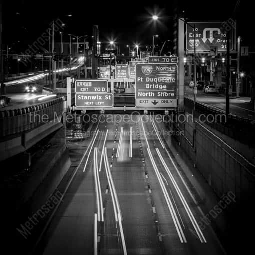 I-376 in Downtown Pittsburgh at Night -- Pittsburgh Black and White Wall Art