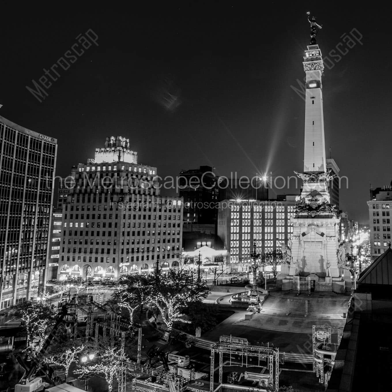 Monument Circle and Ninja Warrior at Night Wall Art square crop