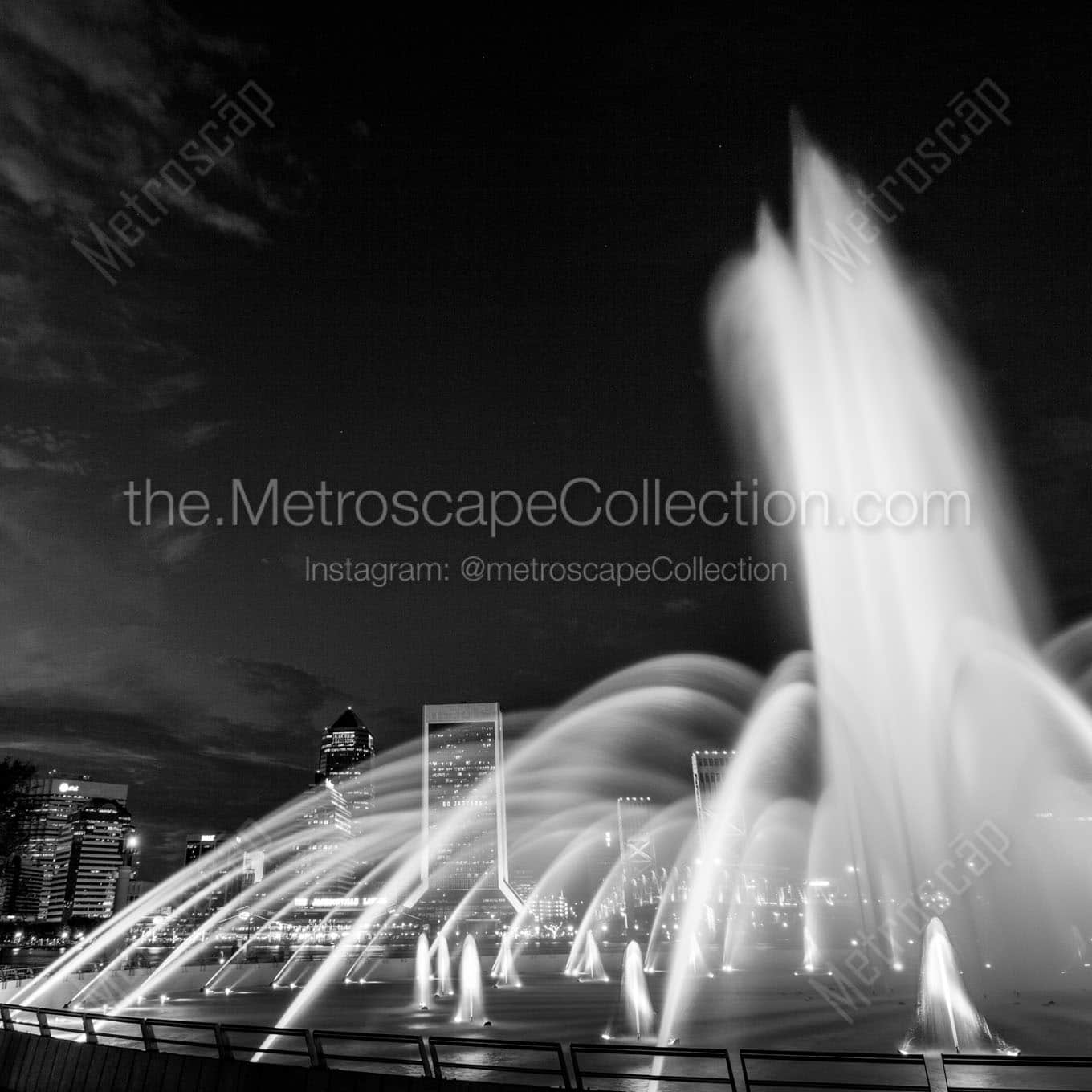 The Jacksonville Skyline at Night with the Friendship Fountain Wall Art square crop
