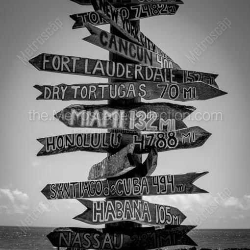 Key West Signpost -- Key West Black and White Wall Art