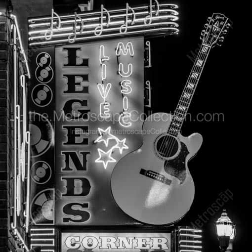 The Legends Live Music Corner at Fifth and Broadway -- Nashville Black and White Wall Art
