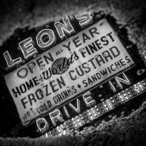 Leons Frozen Custard Sign in Puddle -- Milwaukee Black and White Wall Art