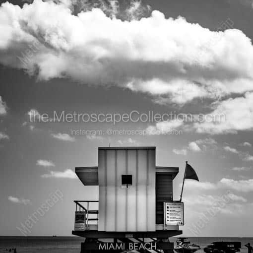 A Lifeguard Shack and Beach Warning Flag -- Miami Black and White Wall Art